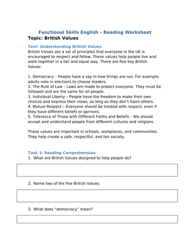 Functional Skills English – Reading Worksheet on British Values