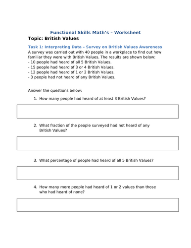 Functional Skills Math’s – Worksheet on British Values