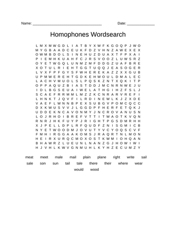 Homophones Wordsearch