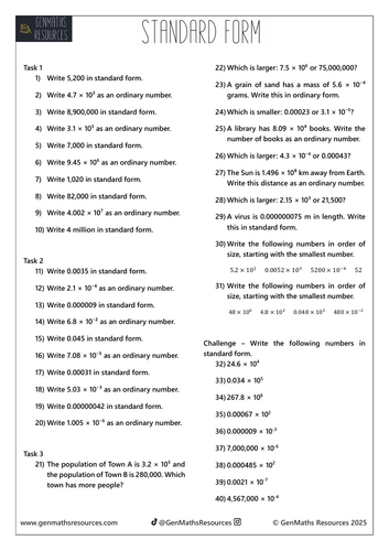 Standard Form Conversions - Maths GCSE Foundation Worksheet