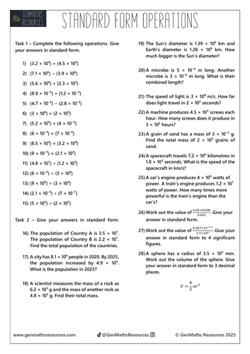 Standard Form Operations - Maths GCSE Foundation Worksheet