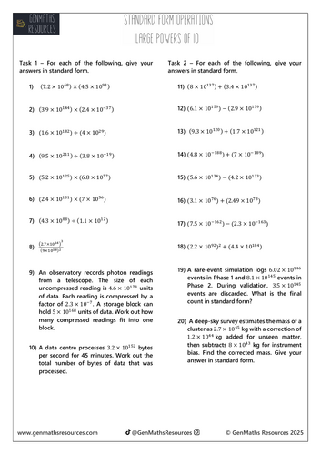Standard Form Operations Excessive (Large) Powers of Ten - Maths Foundation IGCSE Worksheet