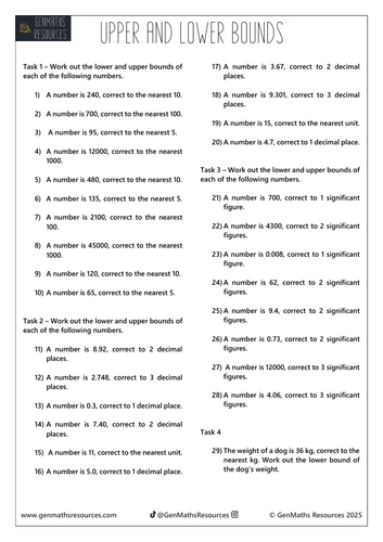 Basic Upper and Lower Bound Calculations - Maths GCSE Foundation Worksheet