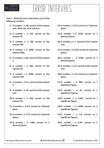 Error Intervals - Maths GCSE Foundation Worksheet