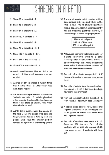 Sharing in a Ratio & Ratio Difference - Maths GCSE Foundation Worksheet