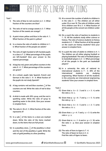 Ratios as Linear Functions (Fractions and Combining Ratios) - Maths GCSE Foundation Worksheet