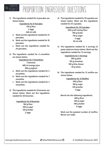 Proportion Ingredient Questions - Maths GCSE Foundation Worksheet