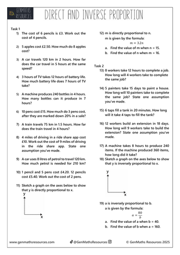 Direct and Inverse Proportion - Maths Foundation GCSE Worksheet
