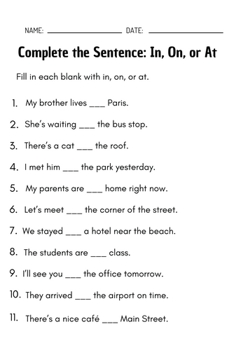 Mastering In, On, and At – Place Worksheets