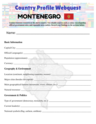 Country Profiles: Montenegro Webquest Worksheet