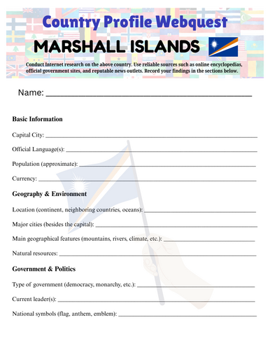 Country Profiles: Marshall Islands Webquest Worksheet