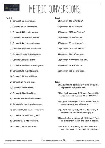 Metric Conversions - Maths GCSE Foundation Worksheet