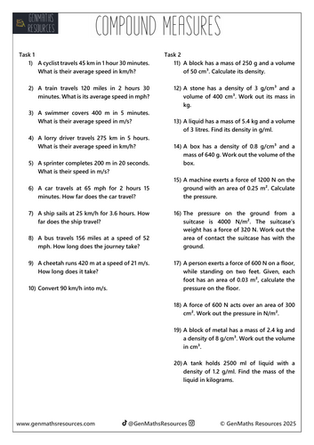 Compound Measures - GCSE Foundation Maths Worksheet