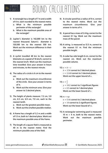 Bound Calculations - Maths Higher GCSE Worksheet