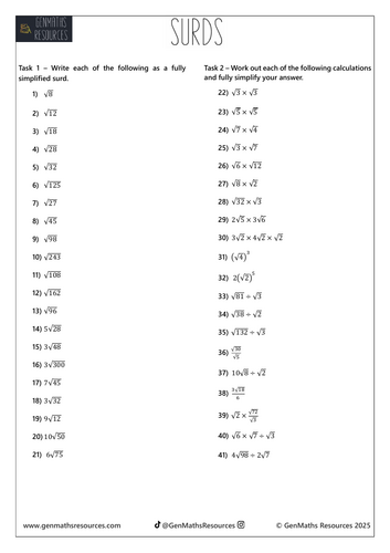 Surds - Maths Higher GCSE Worksheet