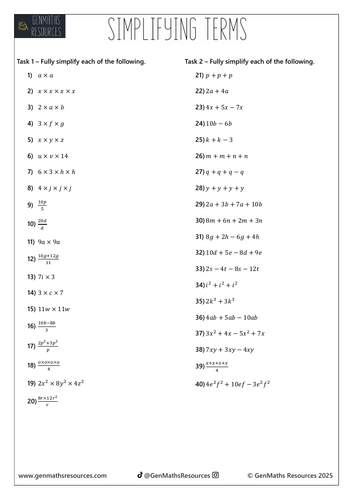 Simplifying Algebra (Collecting Like Terms) - Maths GCSE Foundation Worksheet