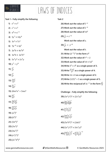 Laws of Indices - Maths Foundation GCSE Worksheet