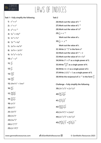 Laws of Indices - Maths Foundation GCSE Worksheet