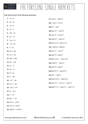 Factorising Single Brackets - Maths Foundation GCSE Worksheet