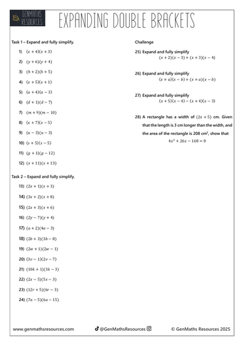 Expanding Double Brackets - Maths Foundation GCSE Worksheet