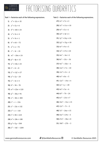 Factorising Quadratics - Foundation & Higher Maths GCSE Worksheet