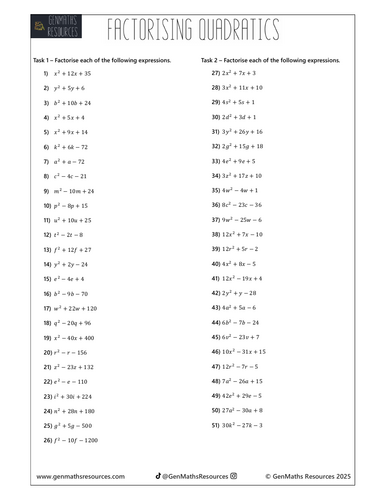 Factorising Quadratics - Foundation & Higher Maths GCSE Worksheet