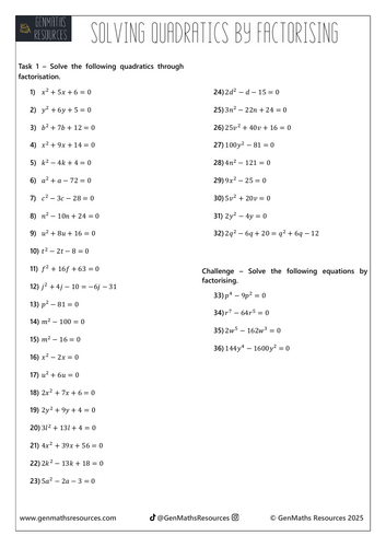 Solving Quadratics by Factorisation - Maths Foundation & Higher GCSE Worksheet