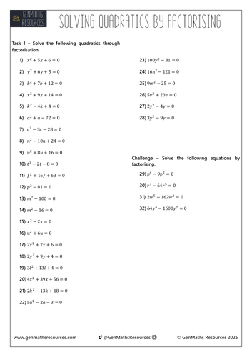 Solving Quadratics by Factorisation - Maths Foundation & Higher GCSE Worksheet