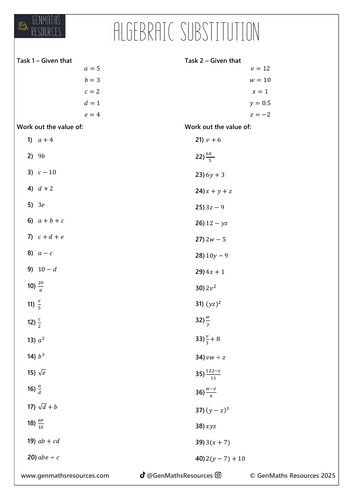 Algebraic Substitution - Maths Foundation GCSE Worksheet