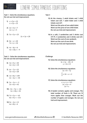 Linear Simultaneous Equations - Maths Foundation GCSE Worksheet
