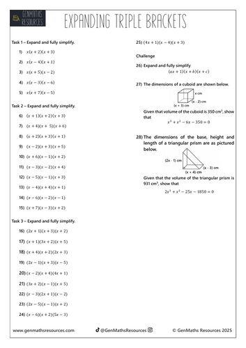 Expanding Triple Brackets - Maths Higher GCSE Worksheet
