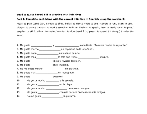 ¿Qué te gusta hacer? Fill in practice with infinitives