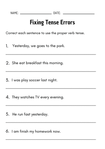 Sentence Repair Worksheets - Editing Capitals, Spelling and Punctuation, Tense