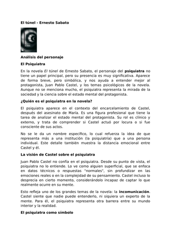 El túnel by Ernesto Sabato – Character Analysis – El Psiquiatra