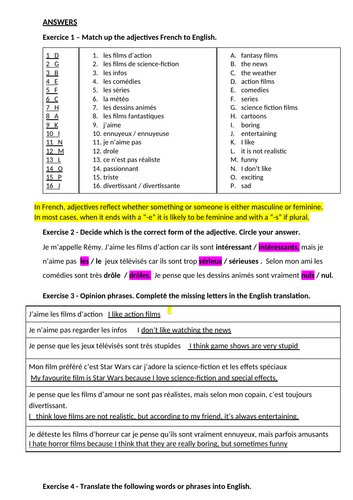 French Worksheet - Opinions about TV and Films KS3