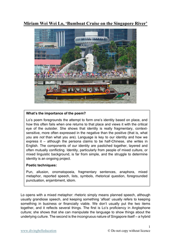 Close reading notes: Miriam Wei Wei Lo, 'Bumboat Cruise on the Singapore River'