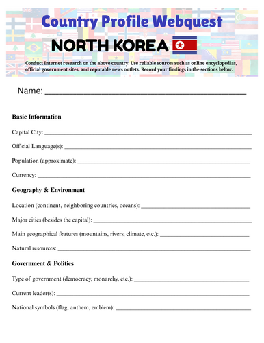 Country Profiles: North Korea Webquest Worksheet
