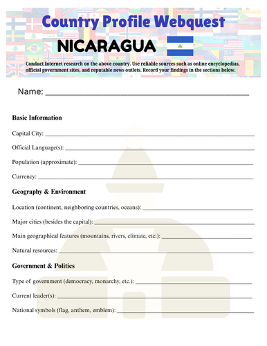 Country Profiles: Nicaragua Webquest Worksheet