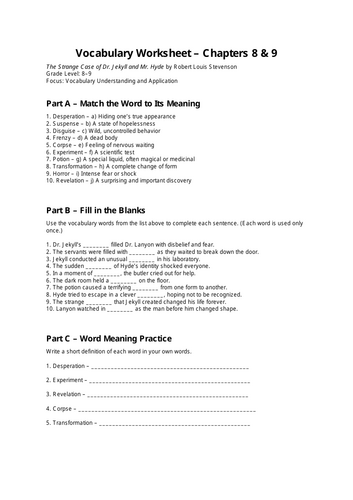 Strange Case of Dr Jekyll and Mr Hyde vocabulary worksheet chapter 9