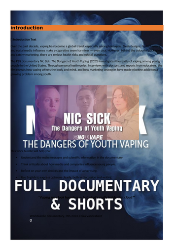 Work bundle about documentary Nick Sick: The dangers of youth vaping