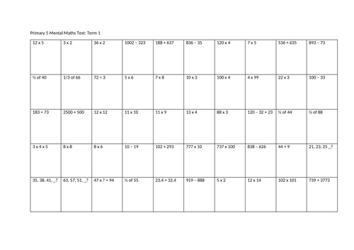 Mental Maths Worksheet