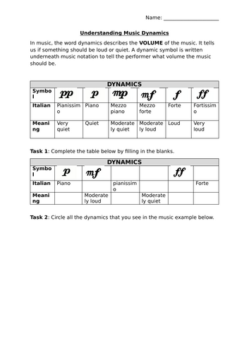 Music Dynamics worksheet 1