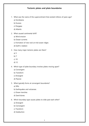 Tectonic plates and plate boundaries exercises