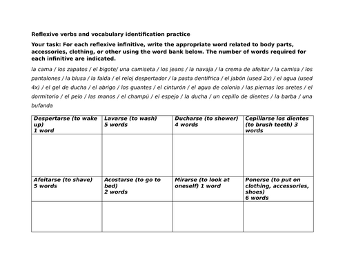 Reflexive verbs and vocabulary identification practice
