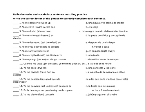 Reflexive verbs and vocabulary sentence matching practice