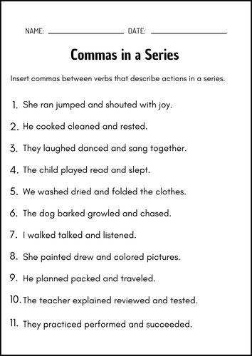 Commas in a Series – Grammar Practice Worksheets