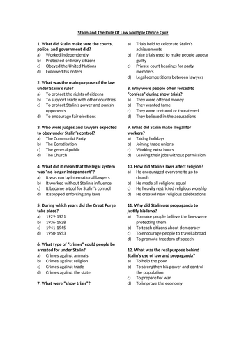 Russian Revolution - Stalin and The Rule Of Law Multiple Choice Quiz