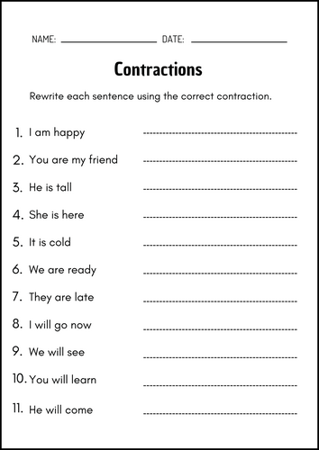 Contractions Worksheets – First & Second Grade ELA Grammar Practice