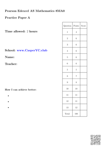 Edexcel 8MA0 - Practice Paper (Pure + Mechanics + Statistics)