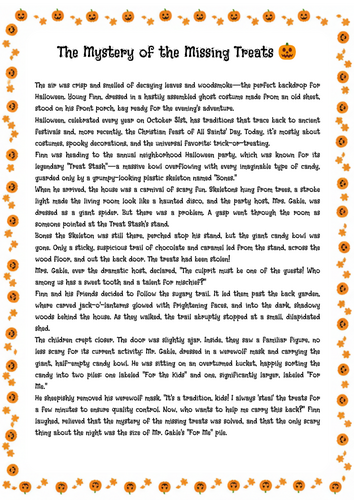 Halloween reading comprehension passage with multiple-choice questions and answers
